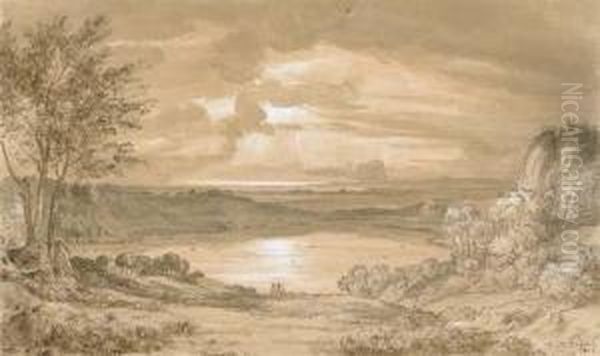 Un Coucher De Soleil Sur Un Paysage Boise, Avec Des Figures Devantun Lac - view 1
