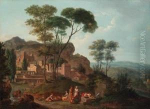 An Italianate Landscape With Figures Resting By A Fountain, A Townbeyond