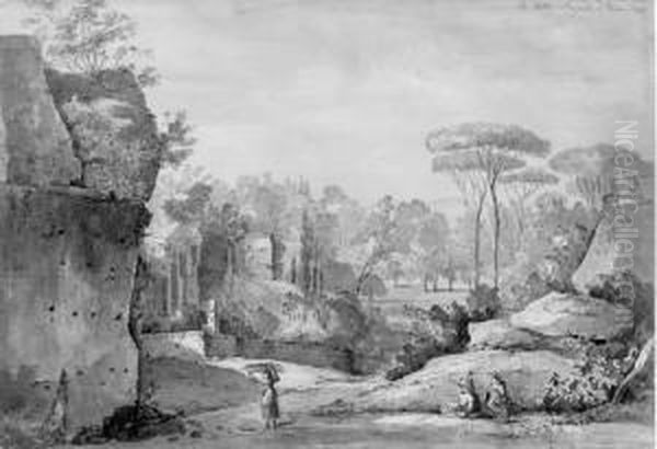 View Of The Roman Walls In The 
Gardens Of The Villa Borghese; Viewof The Ruins Of The Temple In Monte 
Cavo Near Frescati; The Road Tonaples; And View Of The Isle Of Sora - view 1