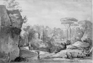 View Of The Roman Walls In The
Gardens Of The Villa Borghese; Viewof The Ruins Of The Temple In Monte
Cavo Near Frescati; The Road Tonaples; And View Of The Isle Of Sora by Nicolas-Didier Boguet