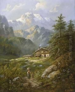 Gebirgslandschaft Mit Almhutte by Eduard Boehm