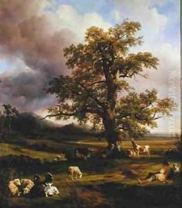 Animals Resting around a Large Oak Tree by Jacques-Raymond Brascassat