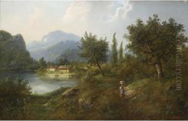 Mountain Landscape With Lake And House - view 1