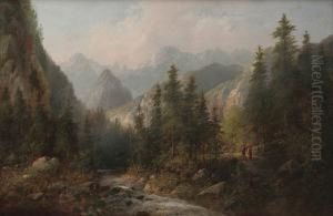 Alpine Stream With Pilgrims by Eduard Boehm