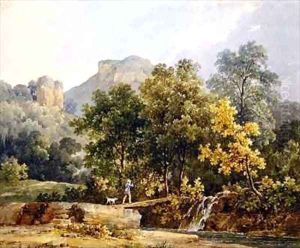 Hunter crossing a bridge over a river by Jacques-Raymond Brascassat
