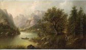 Fisherman On A Lake In A Mountainous Landscape by Eduard Boehm