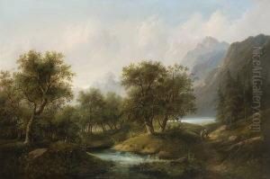 Wanderndes Bauernpaar Am Wasser In
 Gebirgslandschaft.
