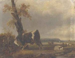 A river landscape with a bull and sheep in the background by Jacques-Raymond Brascassat