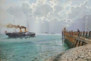 Schaulustige Am Steg Mit Passierendem Schaufelraddampfer by Hans Bohrdt