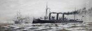 Kleines Kriegsschiff Der 
Kaiserlichen Marine In Begleitung Groser Dampfsegelschiffe Vor Kuste Mit
 Leuchtturm
