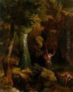 Allegorical Figures Before A Waterfall In A Wooded Glade by Antoine Felix Boisselier