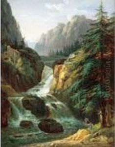 Pecheurs Pres D'une Cascade Dans Les Environs De Cauterets, Le Massif De Vignemale Pecheurs Pres D'une Cascade Dans Les Environs De Cauterets, Le Massif De Vignemale