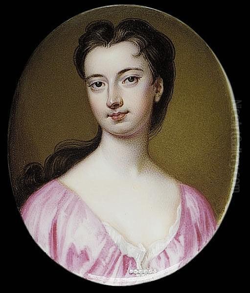 A Lady, Wearing Pink Dress With
White Underslip And Pearl Bar Brooch At Her Corsage, Her Dark Hair
Falling Over Her Right Shoulder - view 1