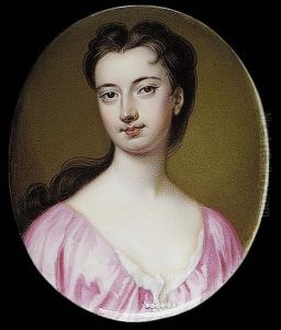 A Lady, Wearing Pink Dress With 
White Underslip And Pearl Bar Brooch At Her Corsage, Her Dark Hair 
Falling Over Her Right Shoulder
