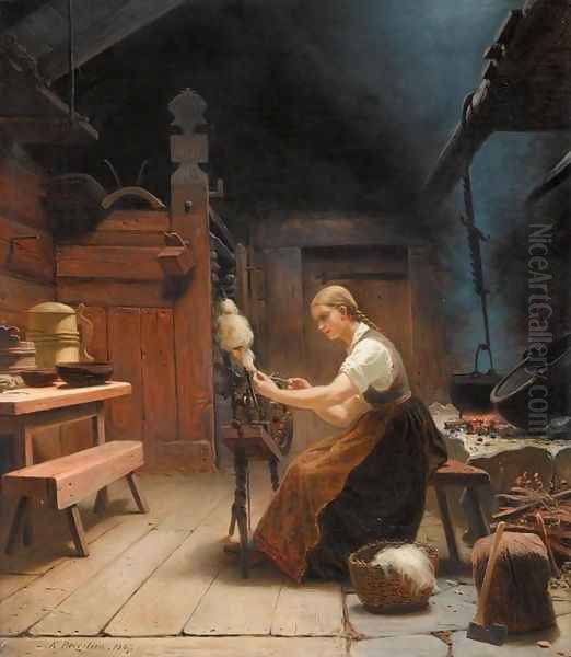 Woman Spinning Wool (Kvinne ved rokken i bondeinteriør) - view 1
