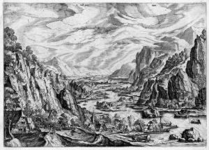 Flusslandschaft, Im Vordergrund Ein Planwagen Flusslandschaft, Im Vordergrund Ein Planwagen