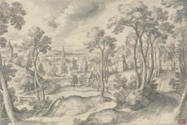 A Distant View Of A Town, With A Wooded Road In The Foreground - view 1