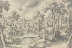 A Distant View Of A Town, With A Wooded Road In The Foreground