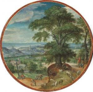 An Extensive Landscape With Shepherds And Their Flock, A Coastal Town In The Distance by Hans Bol