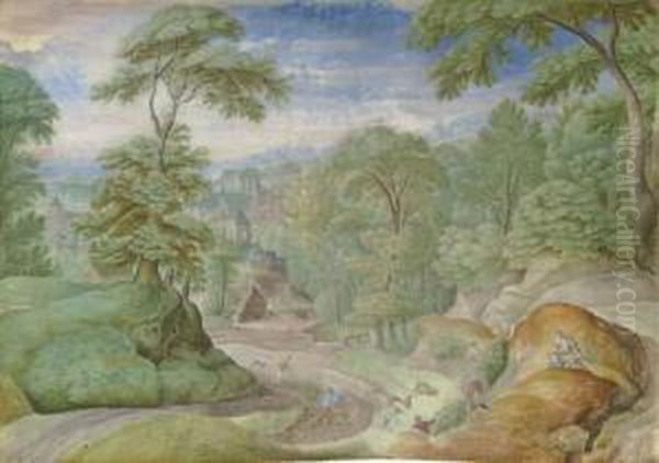 A Wooded Landscape With Hunters, A Town Beyond - view 1