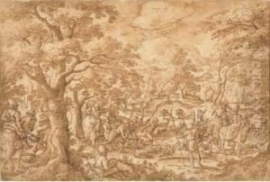 A Stag Hunt With Huntsmen Holding A Stag At Bay by Hans Bol