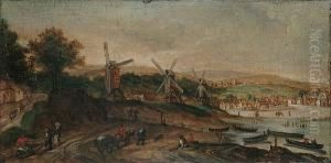Three Windmills Before A Coastal Village, With Travellers On A Path In The Foreground by Hans Bol
