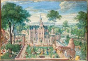 View Of A Castle, With Elegant 
Figures In The Walled Garden, A Village And Landscape Beyond