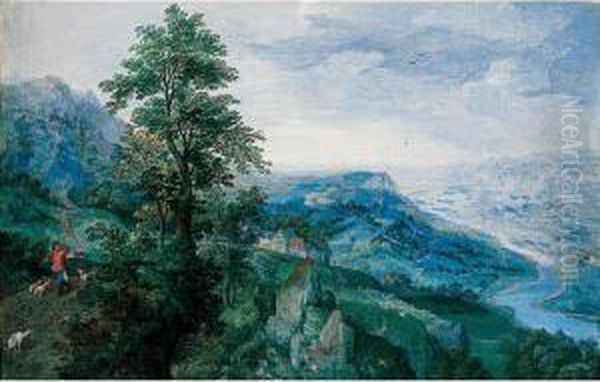 A Panoramic Landscape Of A River
 Valley, With A Sportsman On A Road To The Left, And A Village In The 
Centre - view 1