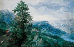 A Panoramic Landscape Of A River
Valley, With A Sportsman On A Road To The Left, And A Village In The
Centre by Hans Bol