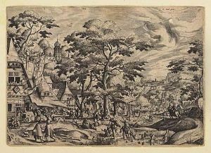 View Of A Village, In The Center A Castle With A High Tower.<</b> View Of A Village, In The Center A Castle With A High Tower.<</b>