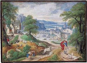 Mountainous River Landscape With
Juno And The Peacock, And Mercury Holding The Head Of Argus In The
Foreground, A Village And A Riverside Town Behind by Hans Bol