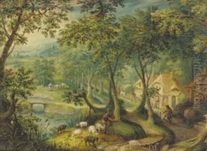 A Wooded Landscape With A
Shepherd And Sheep On A Track With Figures Before Cottages Beyond by Hans Bol