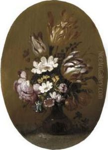 Parrot Tulips, Roses And Other Flowers In A Glass Vase by Hans Bollongier