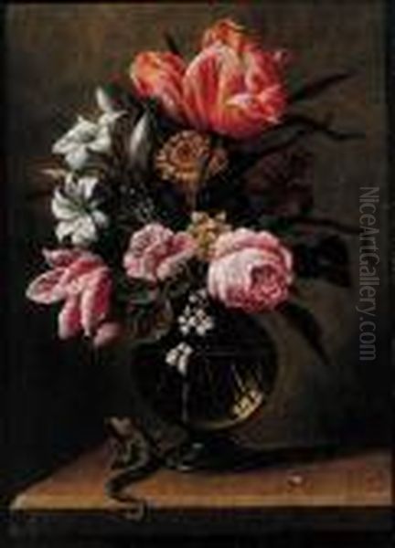 Tulips, Roses, Carnations And
Other Flowers In A Glass Vase With Alizard On A Wooden Ledge - view 1