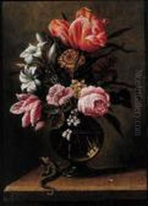 Tulips, Roses, Carnations And
Other Flowers In A Glass Vase With Alizard On A Wooden Ledge by Hans Bollongier