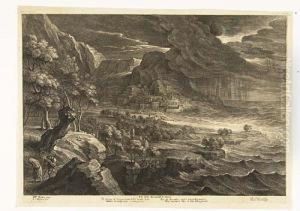 Landscape With A Torrential Rain Storm And Two Figures Walking In The Foreground by Schelte Adams Bolswert