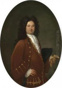 Portrait Of A Gentleman, Half Length, Wearing A Maroon Coat And Holding A Glove by Sebastiano Bombelli