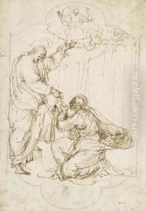 Christ Handing The Keys To Saint Peter, God The Father Above:design For An Embroidery by Perino Del Vaga (Pietro Bonaccors