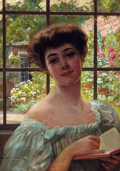 Portrait of a lady, bust length, in a white summer dress holding an open book - view 1