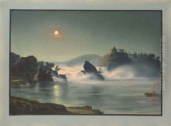 The Falls at Schauffhausen at night, the Castle of Laufen in the background - view 1