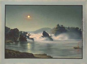 The Falls at Schauffhausen at night, the Castle of Laufen in the background by Ludwig Bleuler