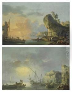 A Harbor At Dawn With Fishermen Embarking From The Shore by Carlo Bonavia
