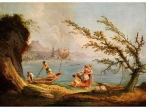 Fischer Und Frauen Am Ufer Der Bucht Vongenua by Carlo Bonavia