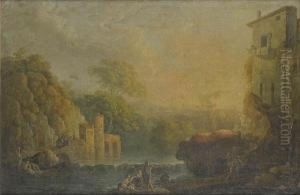 A River Landscape With Figures Resting Onrocks Before A Waterfall by Carlo Bonavia