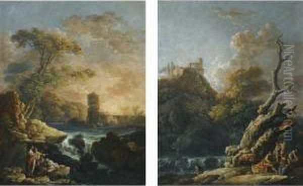 A Landscape With Figures By A Waterfall At Sunset, Cattle In Thestream Beyond - view 1