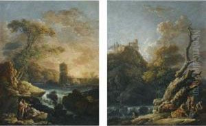 A Landscape With Figures By A Waterfall At Sunset, Cattle In Thestream Beyond