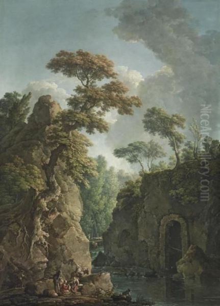 A Mountainous River Landscape
With Drovers Resting By The Bank, A Shepherd With A Flock Of Sheep
Beyond - view 1