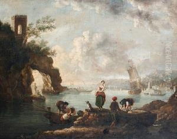An Italianate Landscape, With Fishermen Working On A Shore And A City In The Distance - view 1
