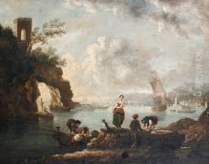 An Italianate Landscape, With Fishermen Working On A Shore And A City In The Distance