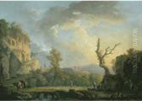 An Italian River Landscape With 
Ruins, Travellers And A Roman Aqueduct, Possibly The Ponte De Maddaloni,
 Naples - view 1